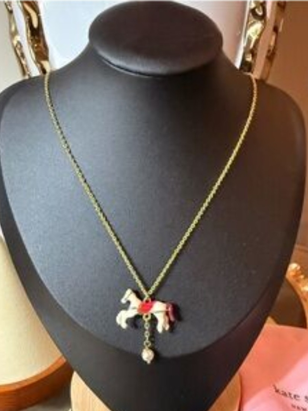 kate spade Gold-Plated Carousel Horse Necklace with Pink and White Enamel - Picture 2 of 4
